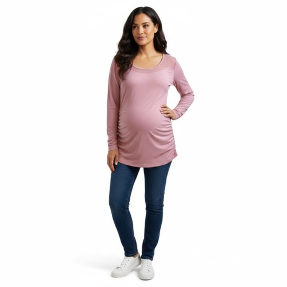 Ambiance Maternity Long Sleeve Rose Pink Sheer Ruched Crewneck Comfort Size M